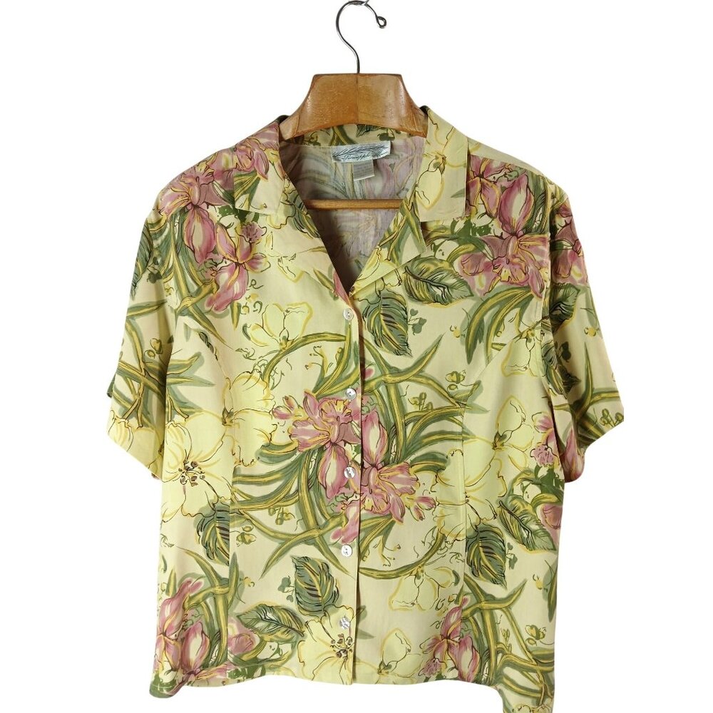 Vintage Pineapple Moon Womens XXL Yellow Hawaiian Silk Shirt Floral Button Up